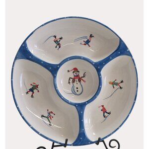 Living Quarters Christmas Village Snowman & Skaters Divided Ceramic Serving Tray